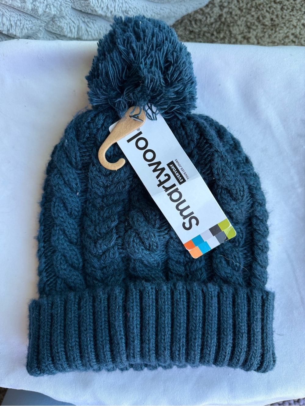 Smartwool Ski Town Hat Cable Pom Beanie - Teal Twilight Blue Merino